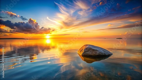 A solitary rock resting upon the placid surface of the water, reflecting the fiery hues of a dramatic sunset, creating an ethereal and tranquil scene.