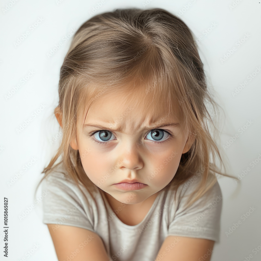 The face of an offended little girl close-up, isolated, on a white background. Characteristic illustration. The face of an offended little girl close-up, isolated, on a white background. Characteristic illustration.