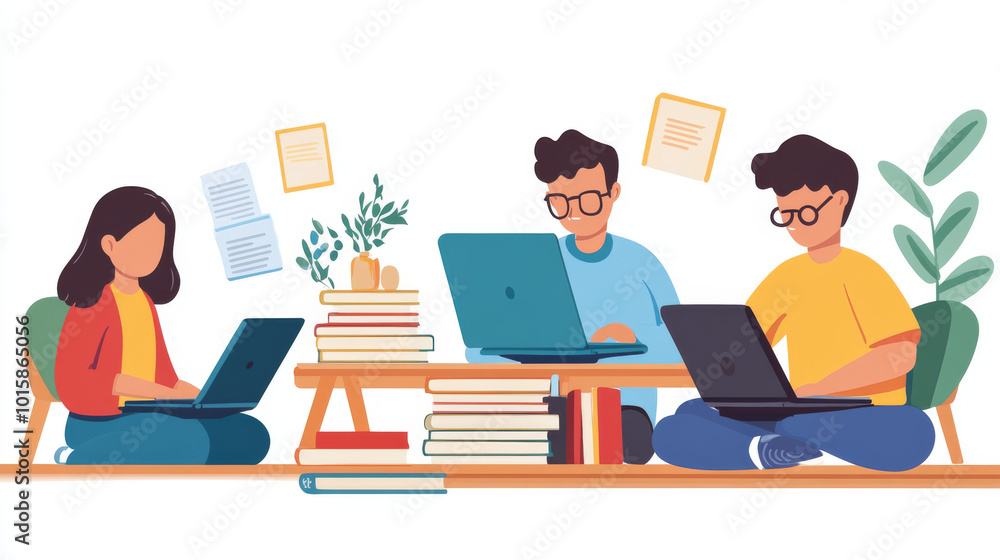 A family is learning together at home. They're using computers and books to study online. A family is learning together at home. They're using computers and books to study online.