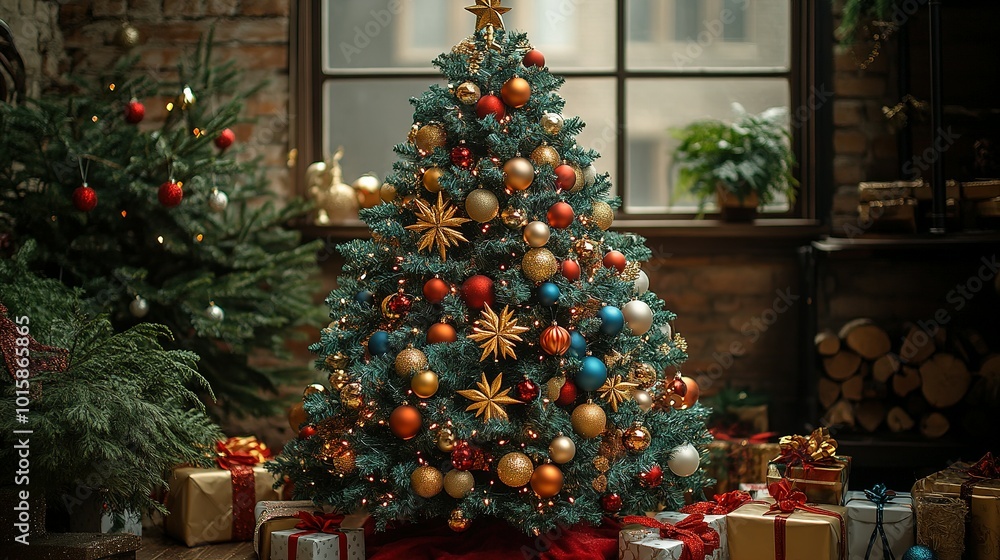 Decorated Christmas Tree with Presents and Festive Ornaments Decorated Christmas Tree with Presents and Festive Ornaments