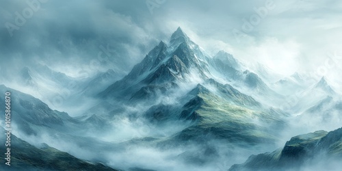 Serene mountain landscape with clouds enveloping the peaks, creating a tranquil atmosphere filled with soft pastel colors and gentle fog, perfect for nature lovers and calming decor.