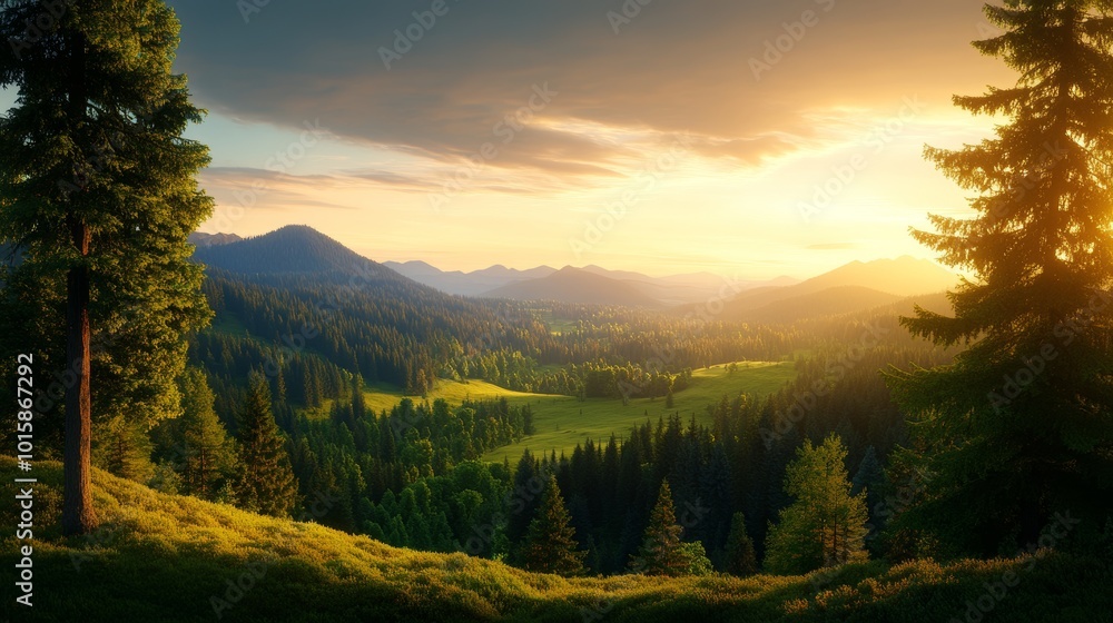 Pine trees on a rugged mountain slope, framing a wide-open valley below with rolling hills, dense forests, and distant mountain ranges, bathed in morning light Pine trees on a rugged mountain slope, framing a wide-open valley below with rolling hills, dense forests, and distant mountain ranges, bathed in morning light