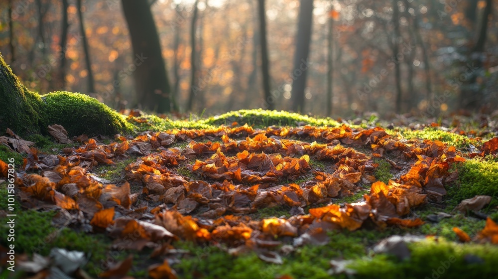 Spiral of autumn leaves gently swirling into a perfect circle, surrounded by moss-covered trees and dappled sunlight filtering through the branches Spiral of autumn leaves gently swirling into a perfect circle, surrounded by moss-covered trees and dappled sunlight filtering through the branches