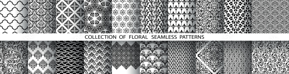 Geometric floral set of seamless patterns. White and black vector backgrounds. Damask graphic ornaments. Geometric floral set of seamless patterns. White and black vector backgrounds. Damask graphic ornaments.