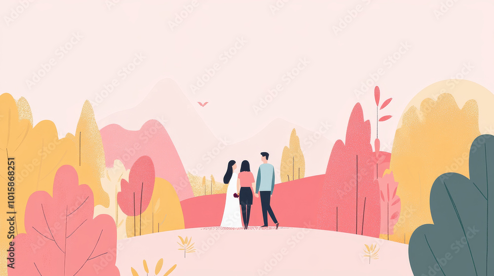 A simple, flat illustration of a wedding invitation. It features a couple, their names, the wedding date, and the location of the celebration. A simple, flat illustration of a wedding invitation. It features a couple, their names, the wedding date, and the location of the celebration.
