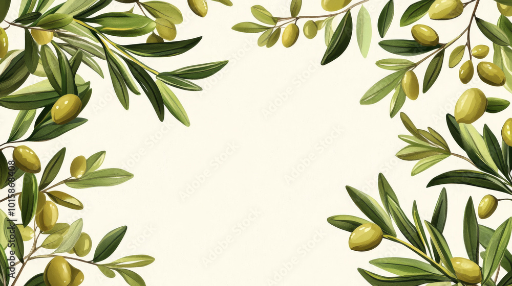 A cartoon drawing of an olive branch frame, with little olive tree symbols in the background. A cartoon drawing of an olive branch frame, with little olive tree symbols in the background.