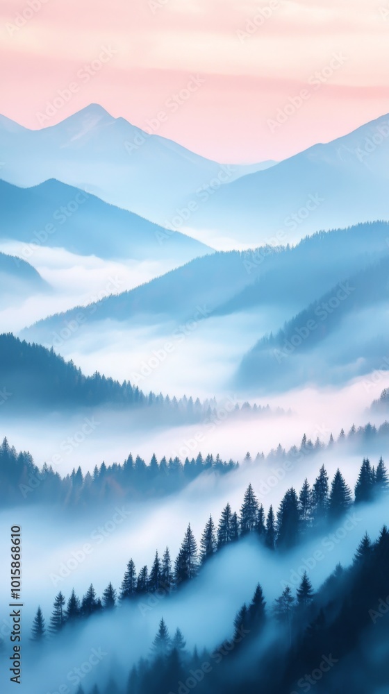 Obraz premium vertical illustration of a serene mountain landscape enveloped in fog, featuring soft pastel colors