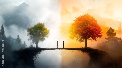 Two individuals standing on opposite sides of a bridge, one side lively and vibrant, the other quiet and reserved, showing how attitudes can guide social connections 