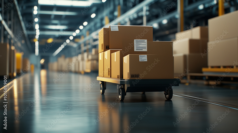A close-up shot of a trolley brimming with cardboard boxes, each box labeled and ready for delivery, set against the backdrop of a high-tech logistics center. A close-up shot of a trolley brimming with cardboard boxes, each box labeled and ready for delivery, set against the backdrop of a high-tech logistics center.