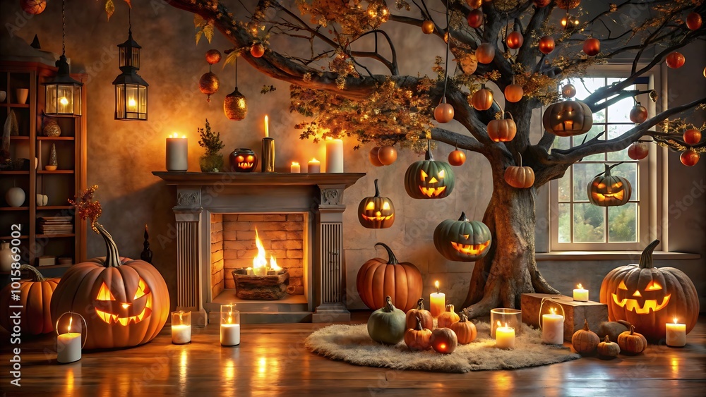 Obraz premium A rustic tree, adorned with glowing pumpkins and lanterns, stands at the center of a cozy living room, where a roaring fireplace casts a warm glow, creating a perfect Halloween atmosphere.