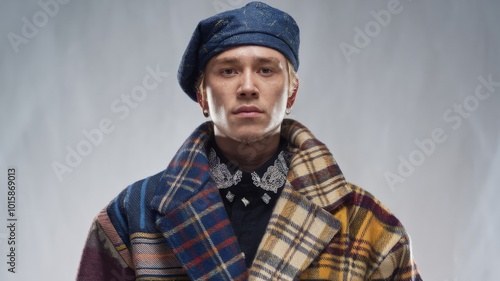 Fashion Model in Eclectic Plaid Coat and Denim Beret Posing in Studio