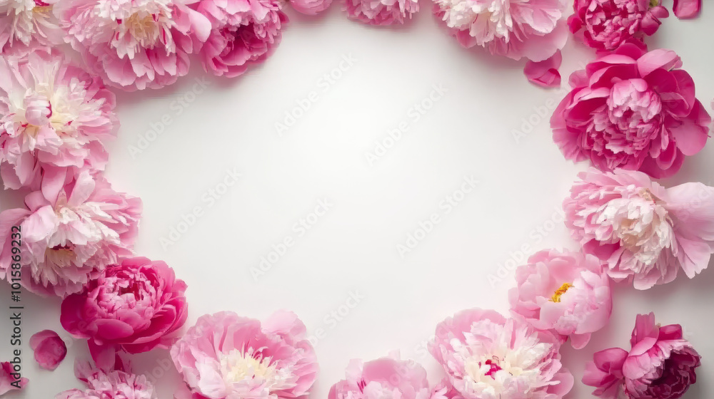 A beautiful card design featuring a round frame made of peonies, perfect for invitations or greetings. A beautiful card design featuring a round frame made of peonies, perfect for invitations or greetings.