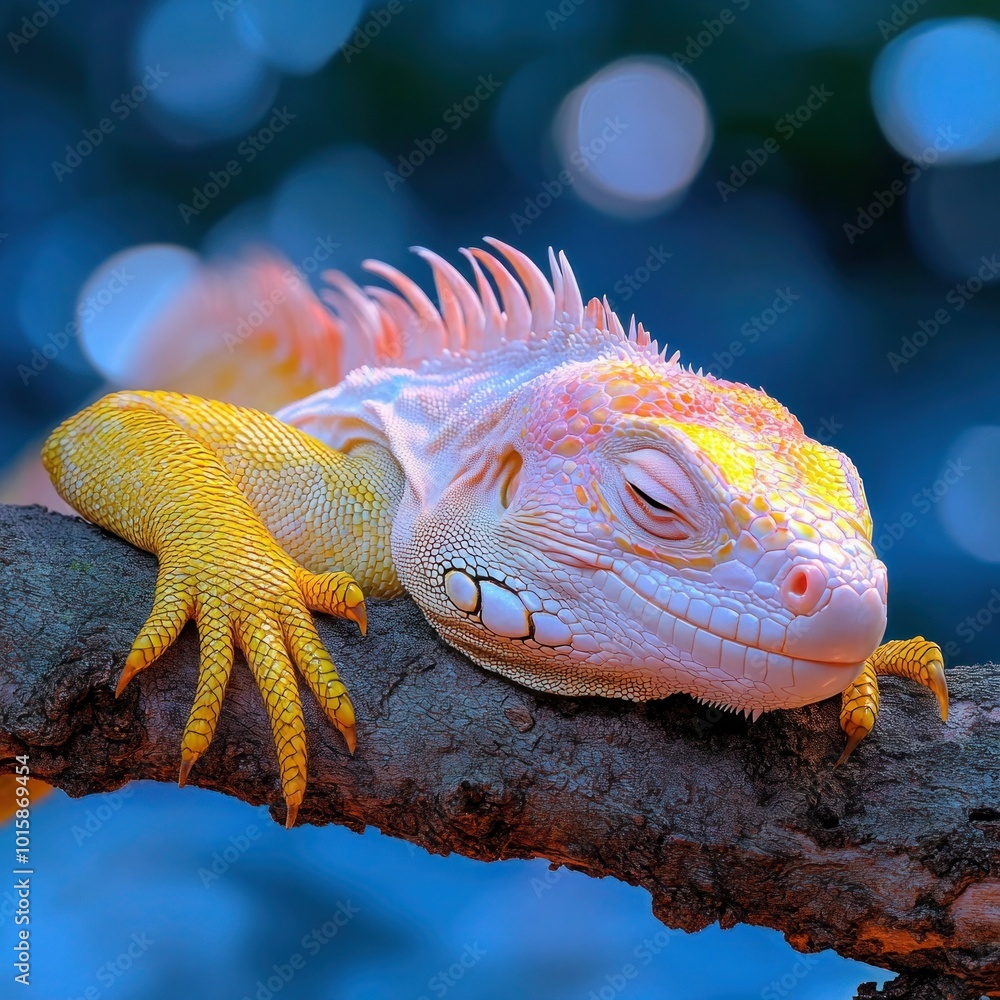 Albino Iguana Relaxing on Jungle Tree with Waterfall Background - Exotic Wildlife in Lush Habitat Albino Iguana Relaxing on Jungle Tree with Waterfall Background - Exotic Wildlife in Lush Habitat