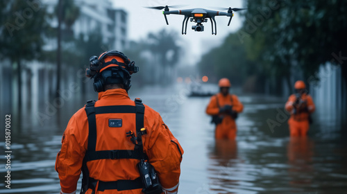 Search and rescue teams in orange safety gear guide people through floodwaters, as a drone hovers above assessing the extent of hurricane damage in the city.
