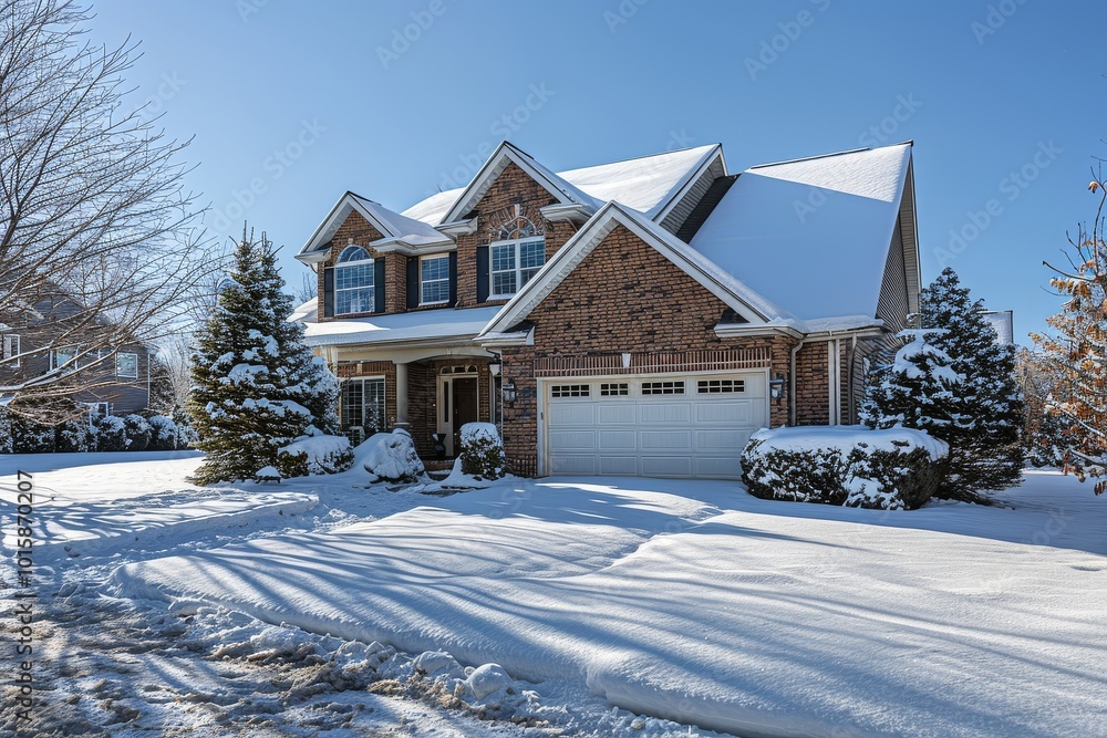 Snow-Covered Suburban American Home in Daylight, Viewed from Across the Street Snow-Covered Suburban American Home in Daylight, Viewed from Across the Street