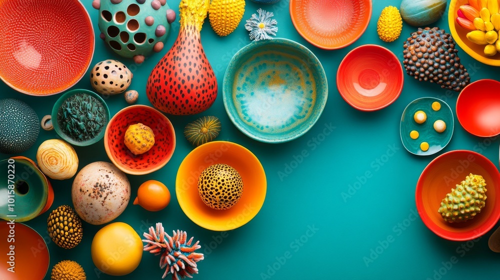 Colorful ceramic dishes and bowls arranged on a vibrant background.