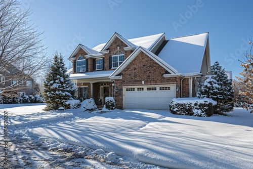 Snow-Covered Suburban American Home in Daylight, Viewed from Across the Street