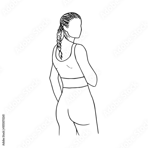 a woman in a sports top and leggings stands with her back turned to her face - hand drawn sketch