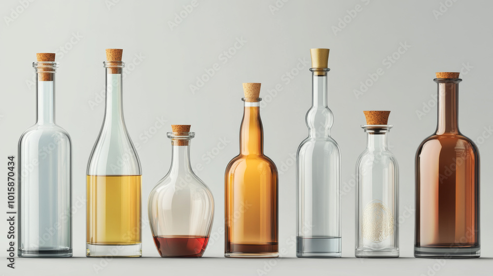 A collection of realistic glass bottles, designed in 3D, and ready to be used on a transparent background. A collection of realistic glass bottles, designed in 3D, and ready to be used on a transparent background.