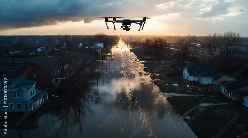 A rescue team helps residents evacuate a flood-stricken city as a search drone captures footage of waterlogged streets and damaged buildings after a devastating tornado. A rescue team helps residents evacuate a flood-stricken city as a search drone captures footage of waterlogged streets and damaged buildings after a devastating tornado.