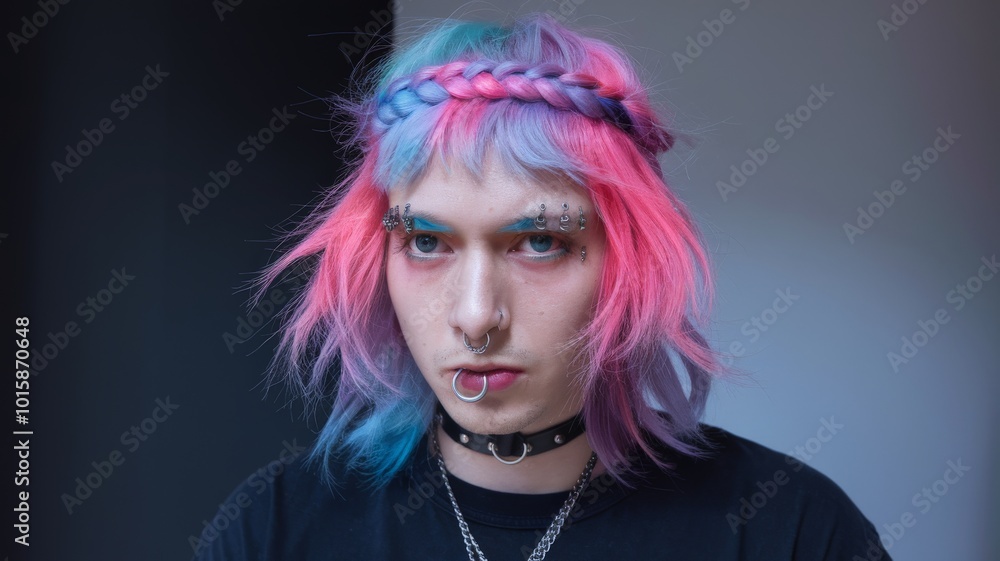 Portrait of a person with vibrant pink and blue hair, braided hairstyle, wearing a choker and lip piercing Portrait of a person with vibrant pink and blue hair, braided hairstyle, wearing a choker and lip piercing