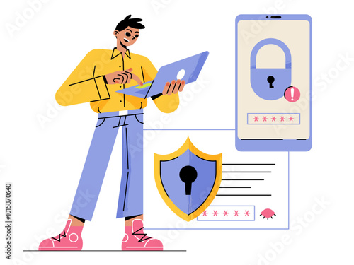 Boy with laptop installing security passwords, shield and lock on his PC and phone