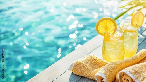 poolside refreshments and towels on a sunny deck, representing leisure and summer fun. photo