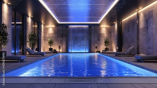 a modern swimming pool with sleek design and ambient lighting, highlighting contemporary elegance. photo