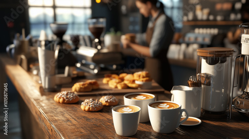 3D Scene of a Cozy Coffee Shop Counter with Pastries and Barista, generative ai