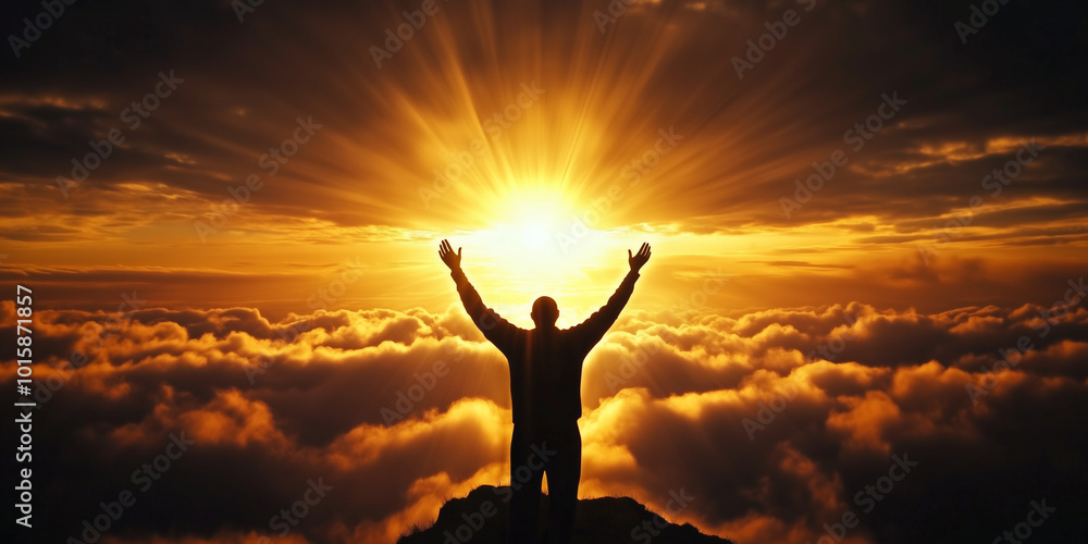 A peaceful figure standing on a mountaintop at sunset, hands raised in prayer toward the clouds illuminated by golden light, representing the Holy Spirit's presence and guidance. A peaceful figure standing on a mountaintop at sunset, hands raised in prayer toward the clouds illuminated by golden light, representing the Holy Spirit's presence and guidance.