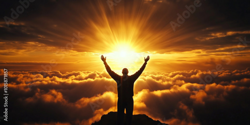 A peaceful figure standing on a mountaintop at sunset, hands raised in prayer toward the clouds illuminated by golden light, representing the Holy Spirit's presence and guidance.