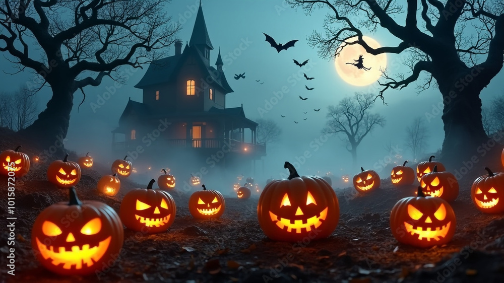 Halloween pumpkins in front of a haunted house with a full moon behind them Halloween pumpkins in front of a haunted house with a full moon behind them