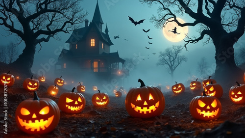 Halloween pumpkins in front of a haunted house with a full moon behind them