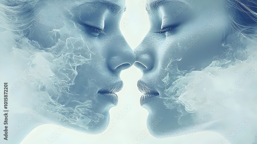 Two women with their faces partially obscured by swirling smoke, with their noses nearly touching, creating an ethereal and romantic atmosphere. Two women with their faces partially obscured by swirling smoke, with their noses nearly touching, creating an ethereal and romantic atmosphere.