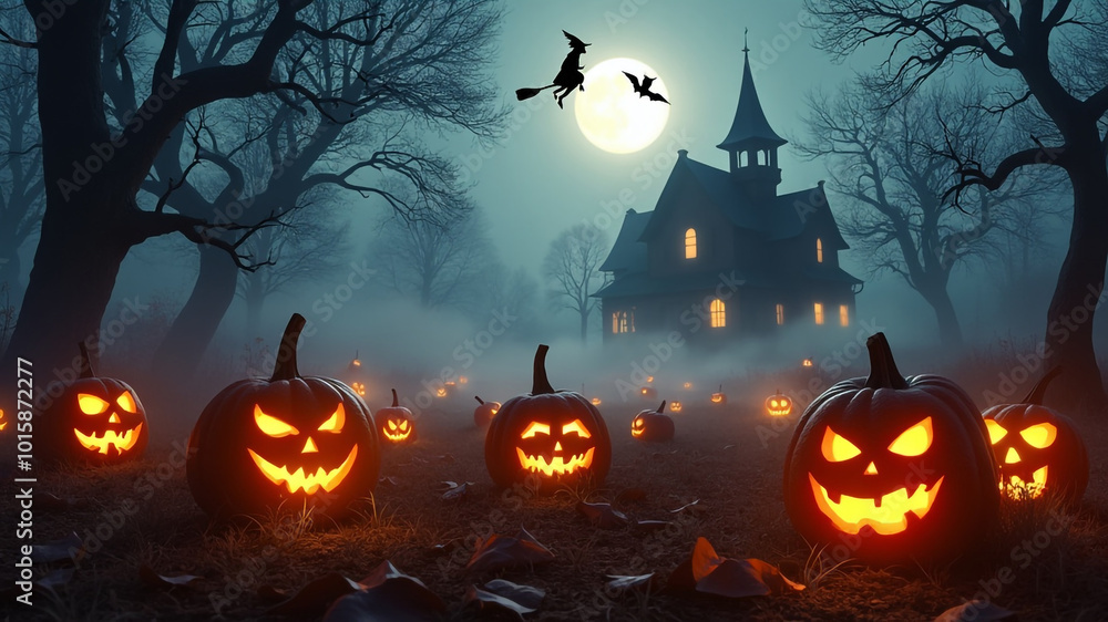 Halloween pumpkins in front of a haunted house with a full moon behind them Halloween pumpkins in front of a haunted house with a full moon behind them