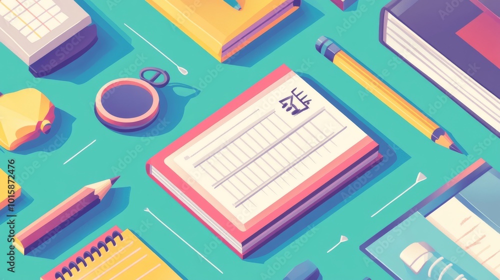 This colorful illustration shows common school items like books, pencils, and a calendar. It's perfect for school projects, decorations, or wrapping paper. This colorful illustration shows common school items like books, pencils, and a calendar. It's perfect for school projects, decorations, or wrapping paper.