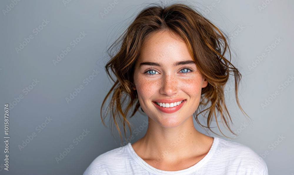 Smiling Young Woman with Freckles Wearing White T-Shirt, Grey Background, Cheerful and Charming Female Portrait, Casual Look, Studio Shot, Daylight, Positive Mood, Beauty and Lifestyle Concept Smiling Young Woman with Freckles Wearing White T-Shirt, Grey Background, Cheerful and Charming Female Portrait, Casual Look, Studio Shot, Daylight, Positive Mood, Beauty and Lifestyle Concept