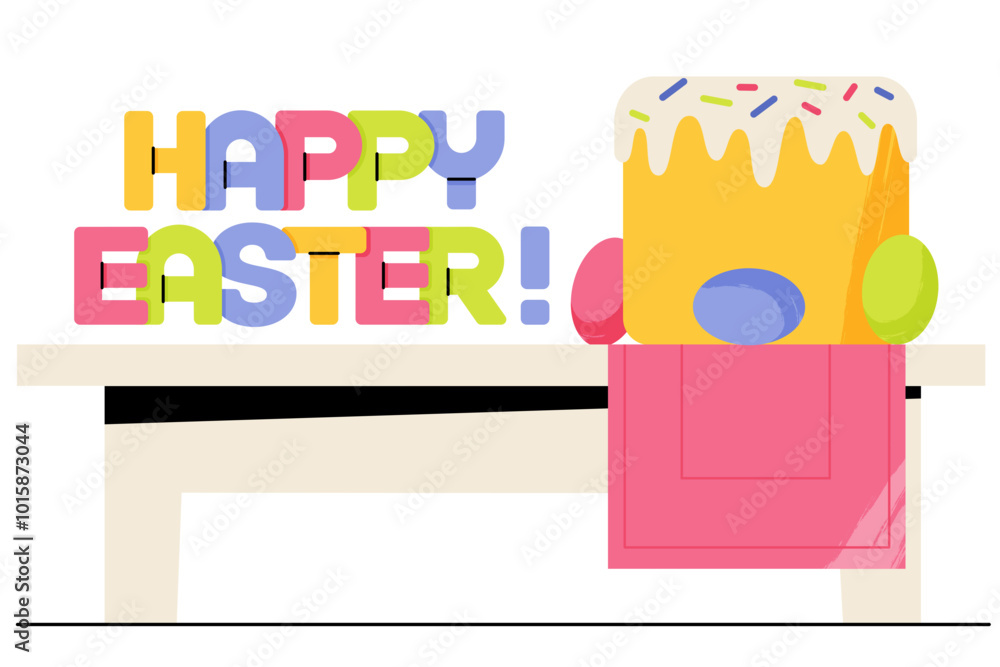 Fototapeta premium Lettering Happy Easter with Easter bread and eggs