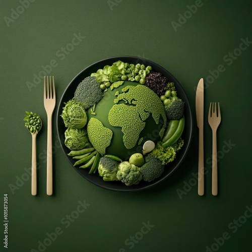 Green Vegetable World on Plate with Cutlery and Globe-Shaped Piece in Front - Eco-Friendly Scandinavian-Style Photography