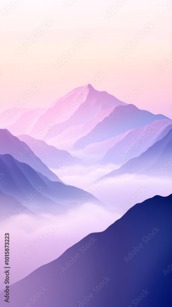 Fototapeta premium vertical illustration of a serene mountain landscape enveloped in fog, featuring soft pastel colors