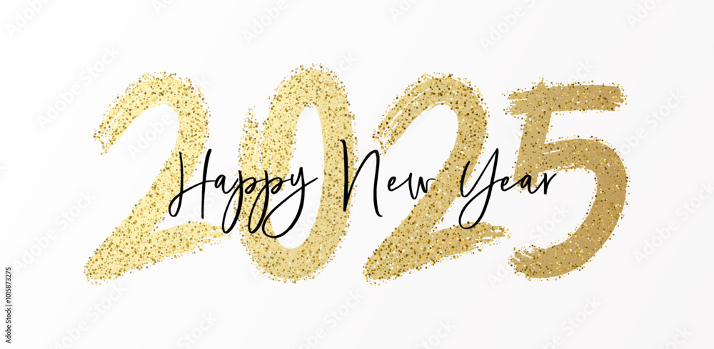 2025 Happy New Year banner background with glitter sparkling brush and calligraphic handwritten message. Vector celebration design. Holiday greetings and new year's eve events 2025 Happy New Year banner background with glitter sparkling brush and calligraphic handwritten message. Vector celebration design. Holiday greetings and new year's eve events