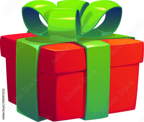 Cartoon Christmas and birthday red holiday gift box with bright and shiny green ribbon. Isolated vector xmas present, square cardboard container for festive surprise conveys a cheerful vibe of season
