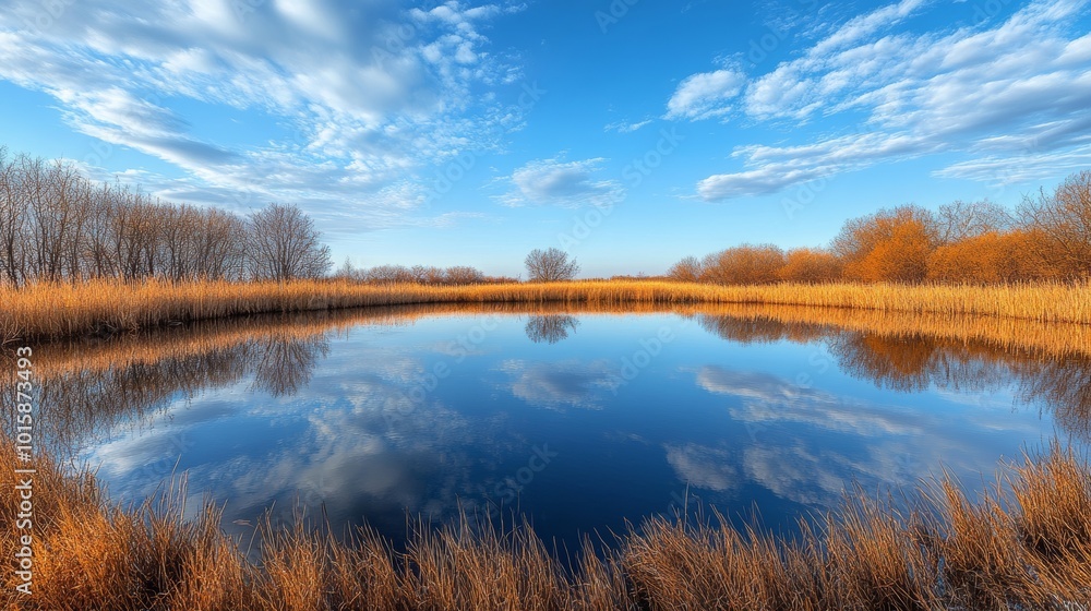 Circular pond with still waters, bordered by tall, golden reeds and flowing willows, reflecting a vivid blue sky dotted with soft clouds Circular pond with still waters, bordered by tall, golden reeds and flowing willows, reflecting a vivid blue sky dotted with soft clouds