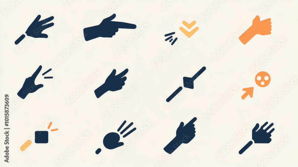 A set of simple icons showing how to use touch screen gestures. Each icon uses arrows to show the direction of finger movement. A set of simple icons showing how to use touch screen gestures. Each icon uses arrows to show the direction of finger movement.