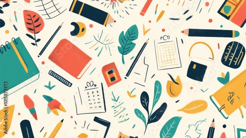 This colorful illustration shows common school items like books, pencils, and a calendar. It's perfect for school projects, decorations, or wrapping paper. photo