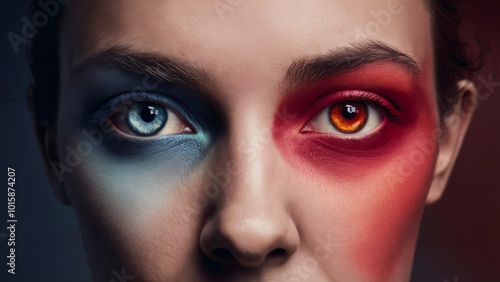 Close-up portrait of woman with heterochromatic eyes and bold blue and red makeup photo