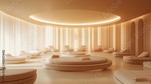 Circularly arranged massage tables under a soft, glowing chandelier, surrounded by gentle beige and cream tones, with a serene, minimalist aesthetic photo