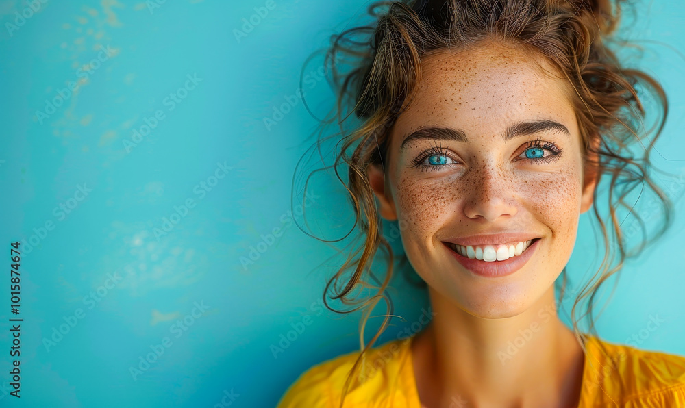Cheerful Corporate CEO in Bright Yellow Shirt Smiling Confidently After Long Working Day Relaxing and Daydreaming Against Teal Background Cheerful Corporate CEO in Bright Yellow Shirt Smiling Confidently After Long Working Day Relaxing and Daydreaming Against Teal Background