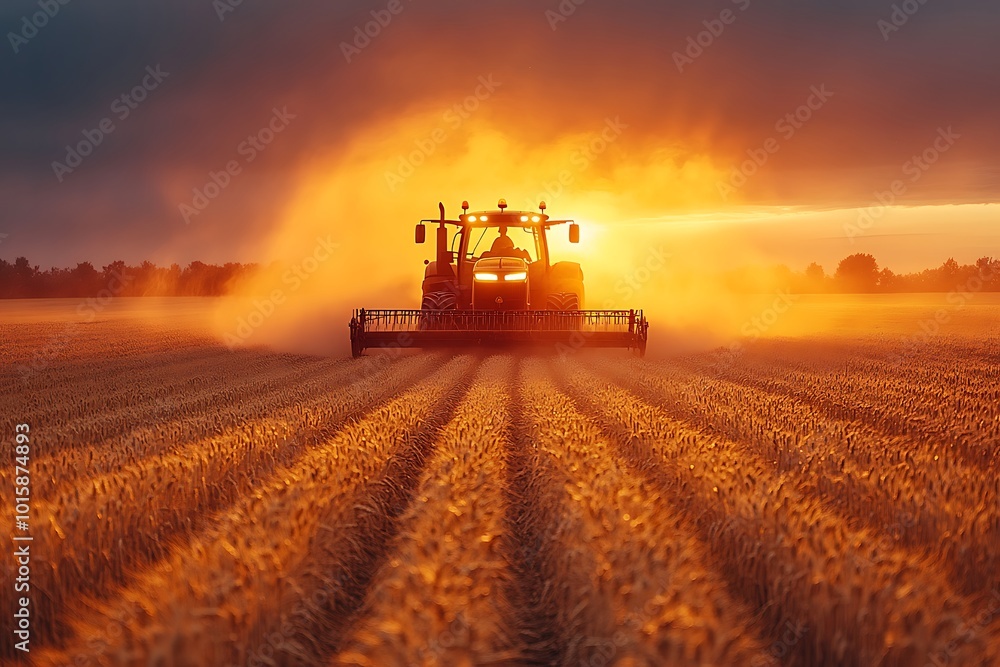 Fototapeta premium Tractor working on the rice fields barley farm at sunset time,