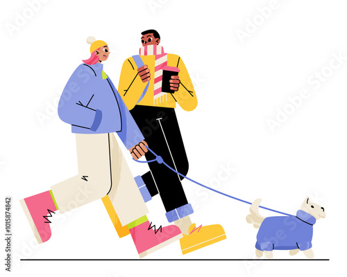 Man and woman walking the dog
